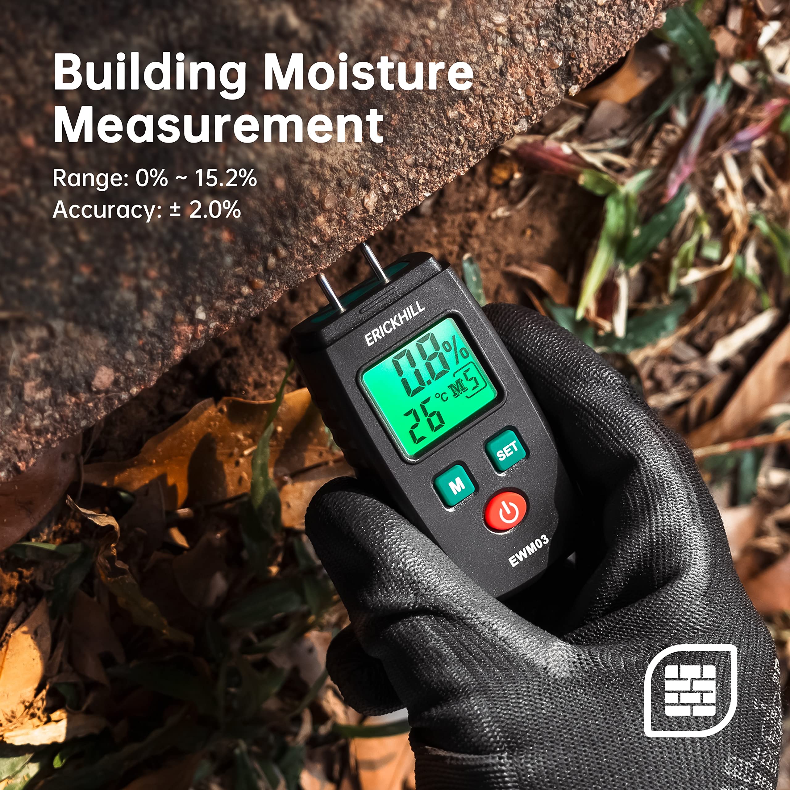 ERICKHILL EWM03 Wood Moisture Meter, Pocket Size Wood Moisture Detector with Green Backlight LCD Display, Pin Type Water Leak Detector with 5 Modes for Wood, Walls, Firewood, Bricks, Lumber, Floor